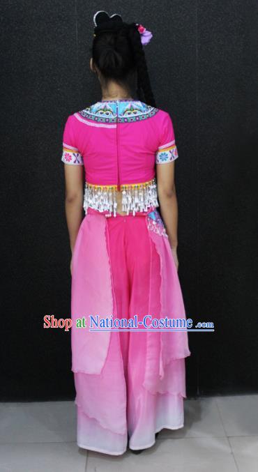 Chinese Traditional Zhuang Nationality Pink Dress Ethnic Folk Dance Costume for Women