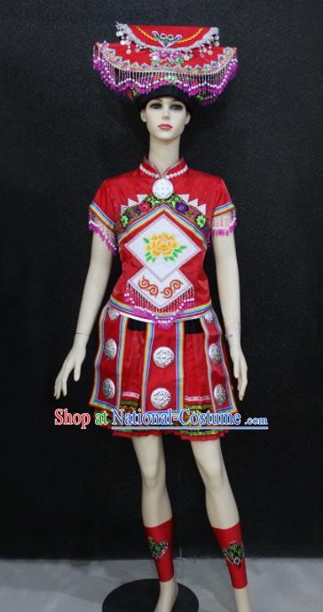 Chinese Traditional Zhuang Nationality Red Dress Ethnic Folk Dance Costume for Women