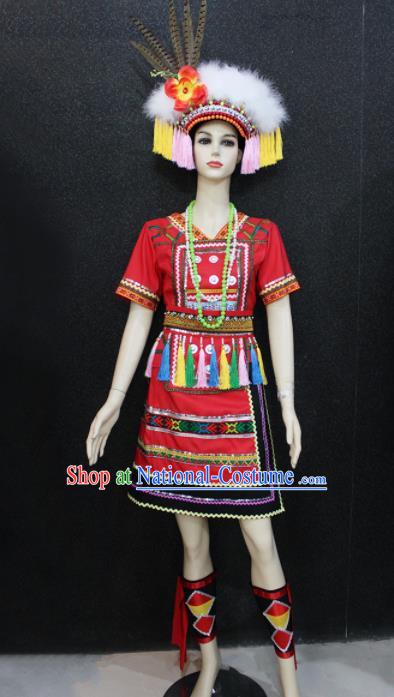 Chinese Traditional Gaoshan Nationality Red Dress Ethnic Folk Dance Costume for Women