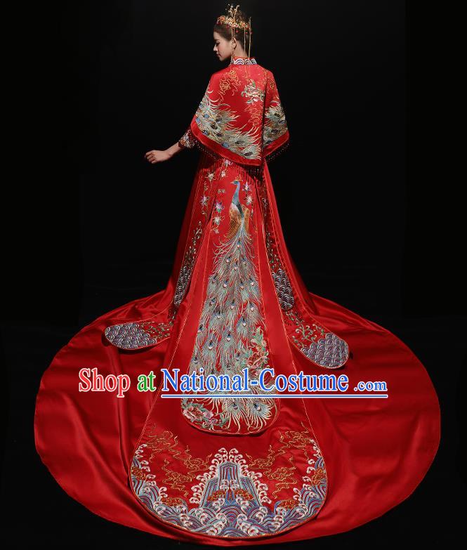 Chinese Traditional Bride Costume Red Xiuhe Suit Ancient Wedding Embroidered Trailing Dress for Women