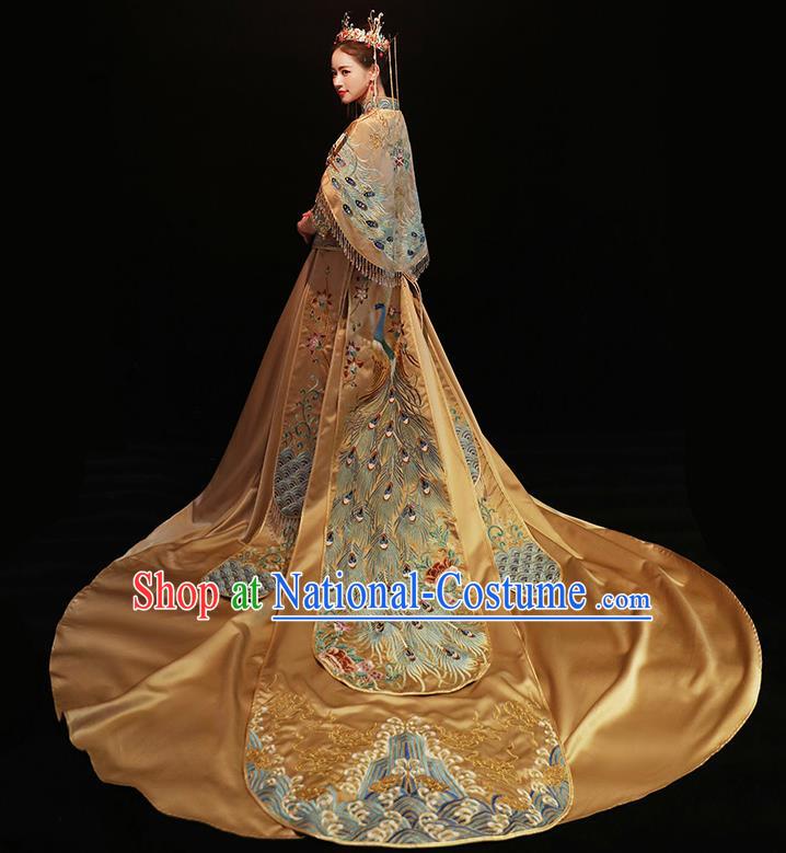 Chinese Traditional Bride Costume Golden Xiuhe Suit Ancient Wedding Embroidered Trailing Dress for Women