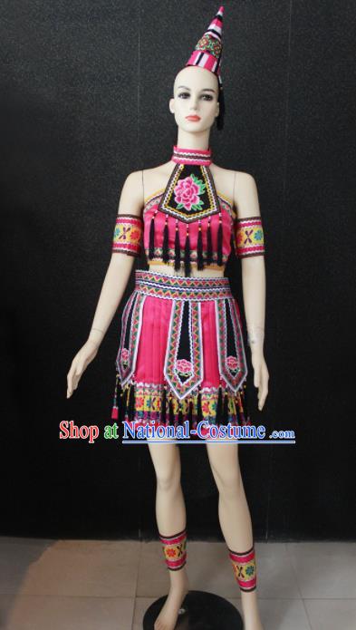 Chinese Traditional Yao Nationality Pink Dress Ethnic Folk Dance Costume for Women