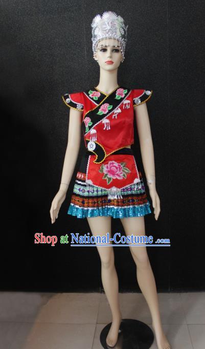 Chinese Traditional Zhuang Nationality Embroidered Red Dress Ethnic Folk Dance Costume for Women