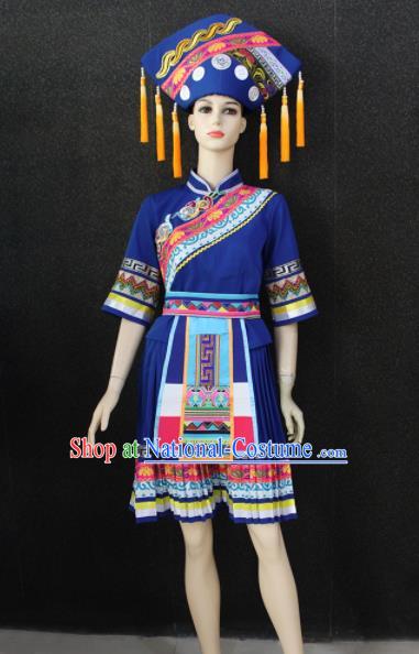 Chinese Traditional Zhuang Nationality Royalblue Dress Ethnic Folk Dance Costume for Women