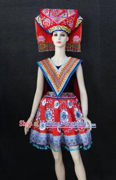 Chinese Traditional Zhuang Nationality Embroidered Red Dress Ethnic Folk Dance Costume for Women