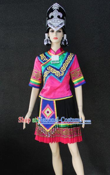 Chinese Traditional Yi Nationality Female Rosy Dress Ethnic Folk Dance Costume for Women