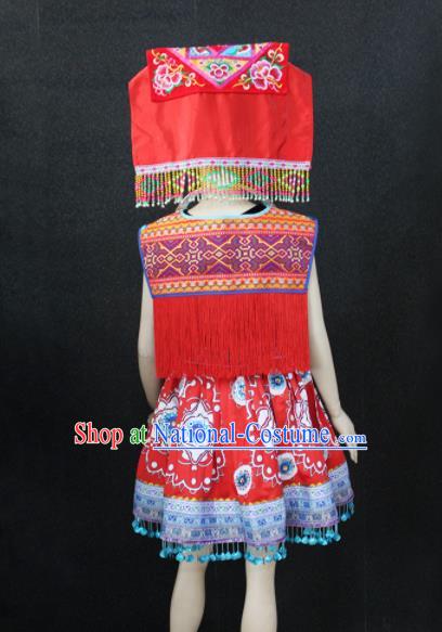 Chinese Traditional Zhuang Nationality Embroidered Red Dress Ethnic Folk Dance Costume for Women