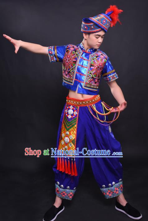 Chinese Traditional Ethnic Royalblue Costume Zhuang Nationality Festival Folk Dance Clothing for Men