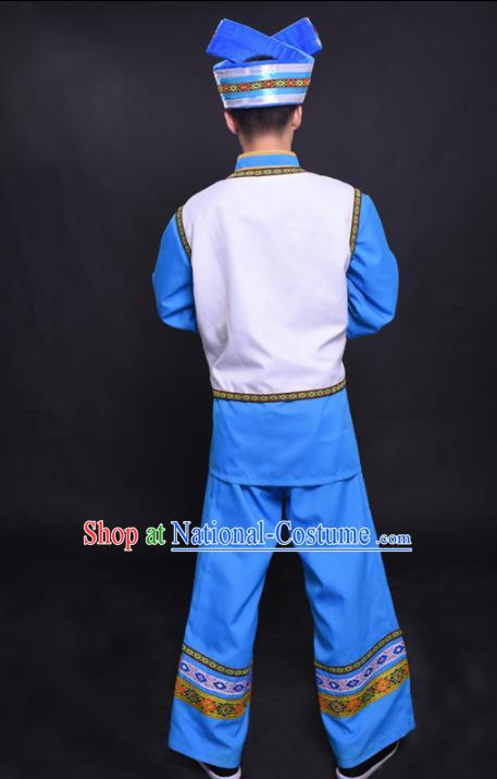 Chinese Traditional Ethnic Blue Costume Zhuang Nationality Festival Folk Dance Clothing for Men