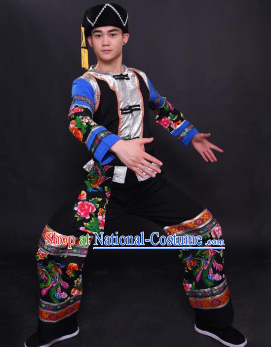 Chinese Traditional Ethnic Printing Black Costume Miao Nationality Festival Folk Dance Clothing for Men