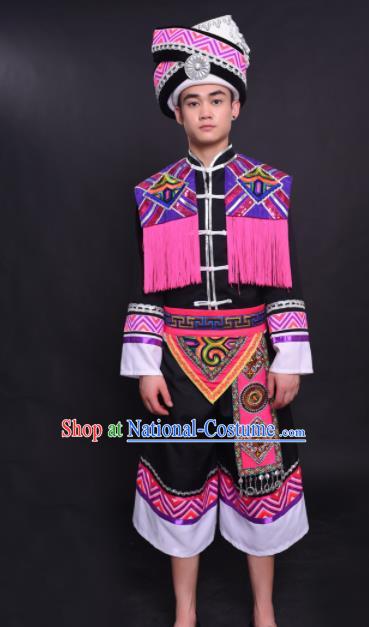 Chinese Traditional Ethnic Pink Tassel Costume Zhuang Nationality Festival Folk Dance Clothing for Men