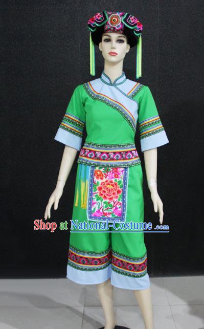 Chinese Traditional Yao Nationality Embroidered Green Clothing Ethnic Folk Dance Costume for Women