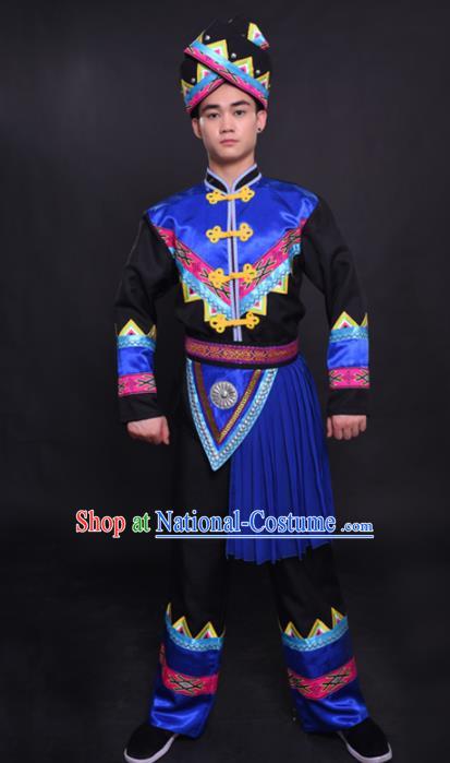 Chinese Traditional Ethnic Blue Tassel Costume Zhuang Nationality Festival Folk Dance Clothing for Men