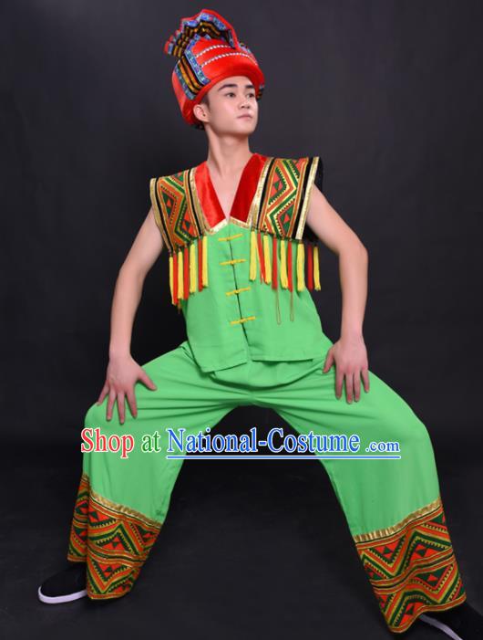 Chinese Traditional Ethnic Green Costume Miao Nationality Festival Folk Dance Clothing for Men