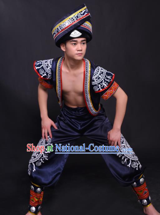 Chinese Traditional Ethnic Navy Costume Zhuang Nationality Festival Folk Dance Clothing for Men