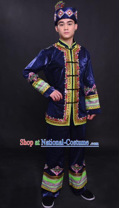 Chinese Traditional Ethnic Navy Costume Mulao Nationality Festival Folk Dance Clothing for Men