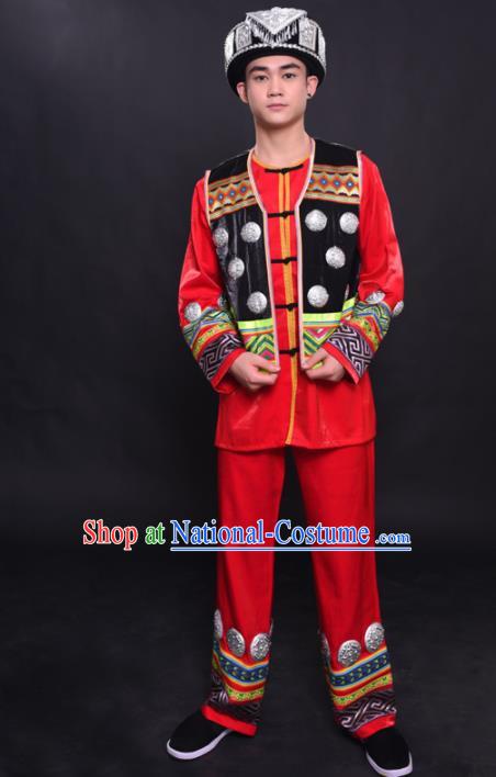 Chinese Traditional Ethnic Bridegroom Red Costume Miao Nationality Festival Folk Dance Clothing for Men