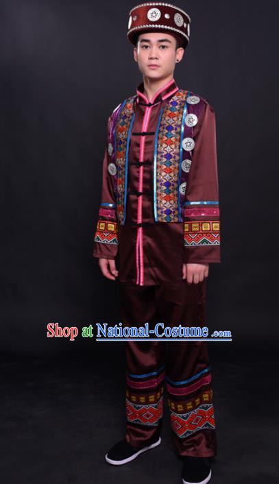 Chinese Traditional Ethnic Bridegroom Brown Costume Dong Nationality Festival Folk Dance Clothing for Men