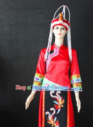 Chinese Traditional She Nationality Female Red Dress Ethnic Folk Dance Costume for Women