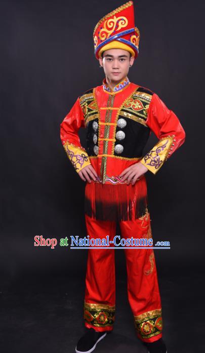 Chinese Traditional Ethnic Bridegroom Red Costume Zhuang Nationality Festival Folk Dance Clothing for Men