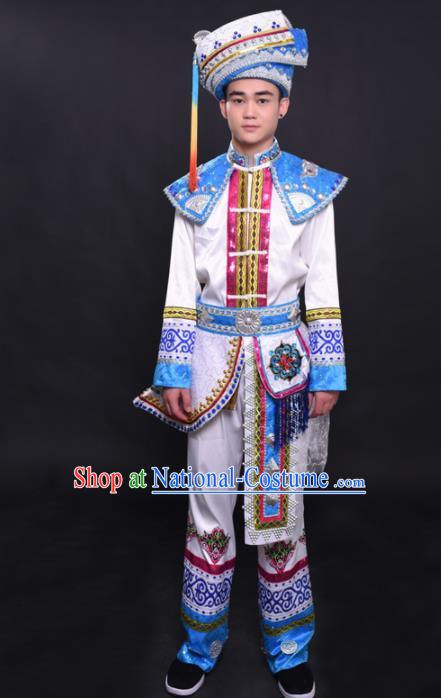 Chinese Traditional Ethnic Prince White Costume Zhuang Nationality Festival Folk Dance Clothing for Men