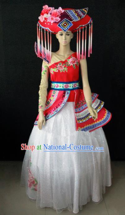 Chinese Traditional Zhuang Nationality Wedding Dress Ethnic Bride Folk Dance Costume for Women