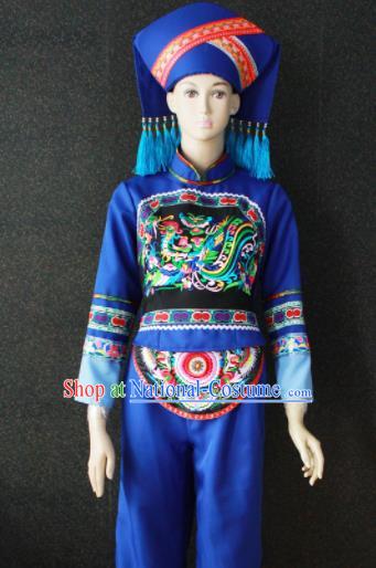 Chinese Traditional Zhuang Nationality Embroidered Blue Clothing Ethnic Bride Folk Dance Costume for Women