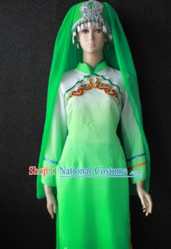 Chinese Traditional Salar Nationality Embroidered Green Dress Ethnic Bride Folk Dance Costume for Women