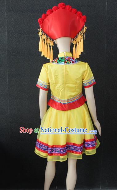 Chinese Traditional Zhuang Nationality Embroidered Yellow Dress Ethnic Folk Dance Costume for Women