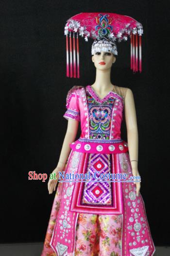 Chinese Traditional Zhuang Nationality Wedding Pink Dress Ethnic Folk Dance Costume for Women