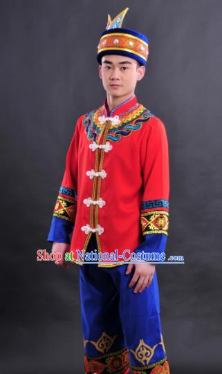 Chinese Traditional Ethnic Red Costume Zhuang Nationality Festival Folk Dance Clothing for Men