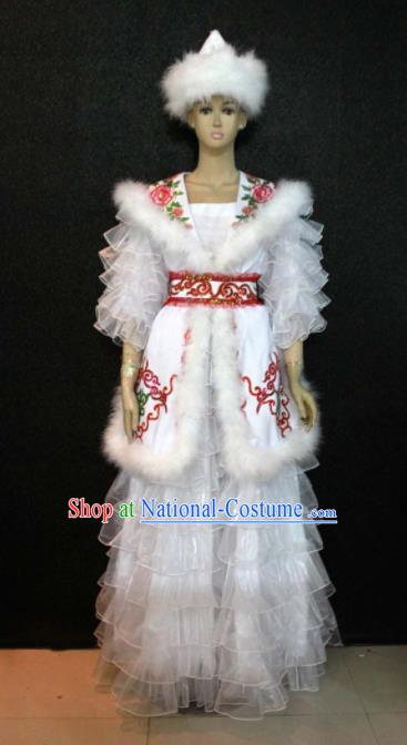 Chinese Traditional Kazak Nationality White Veil Dress Ethnic Bride Folk Dance Costume for Women