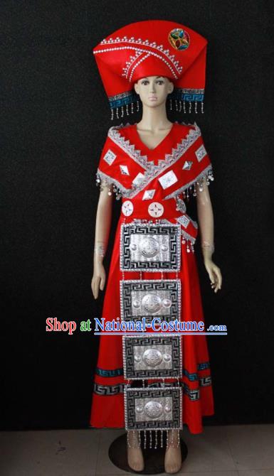 Chinese Traditional Zhuang Nationality Wedding Red Dress Ethnic Bride Folk Dance Costume for Women