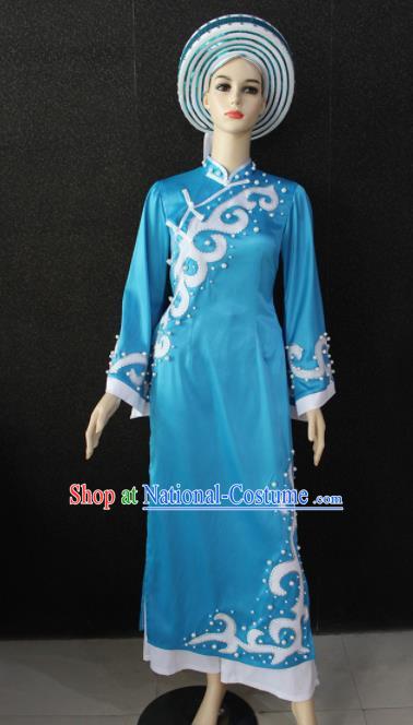 Chinese Traditional Jing Nationality Blue Dress Ethnic Folk Dance Costume for Women