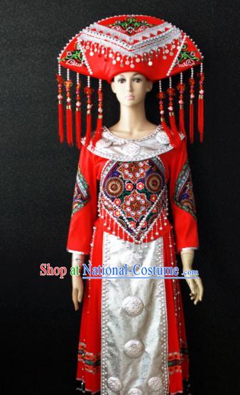 Chinese Traditional Zhuang Nationality Red Dress Ethnic Bride Folk Dance Costume for Women