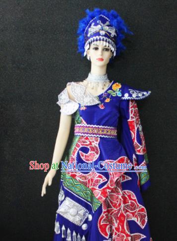 Chinese Traditional Xibe Nationality Wedding Royalblue Dress Ethnic Folk Dance Costume for Women