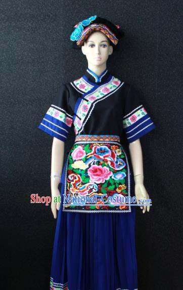 Chinese Traditional Buyei Nationality Navy Dress Ethnic Bride Folk Dance Costume for Women