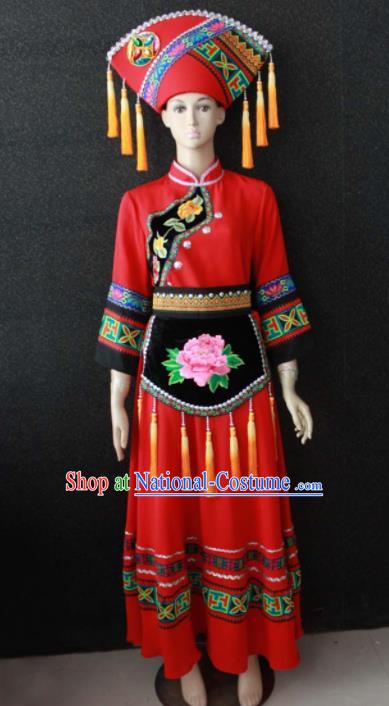 Chinese Traditional Zhuang Nationality Red Dress Ethnic Bride Folk Dance Costume for Women