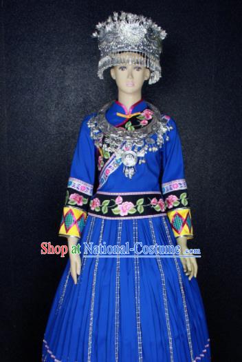 Chinese Traditional Miao Nationality Blue Dress Ethnic Bride Folk Dance Costume for Women