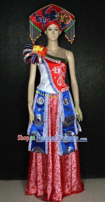 Chinese Traditional Zhuang Nationality Dress Ethnic Bride Folk Dance Costume for Women