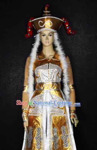 Chinese Traditional Mongols Nationality Princess Golden Dress Ethnic Bride Folk Dance Costume for Women