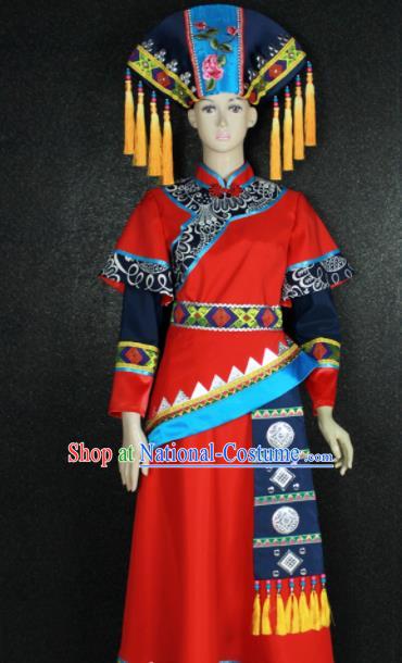 Chinese Traditional Zhuang Nationality Red Dress Ethnic Bride Folk Dance Costume for Women