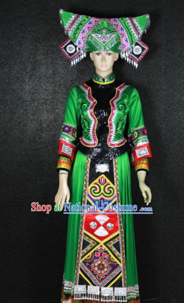 Chinese Traditional Zhuang Nationality Green Dress Ethnic Bride Folk Dance Costume for Women