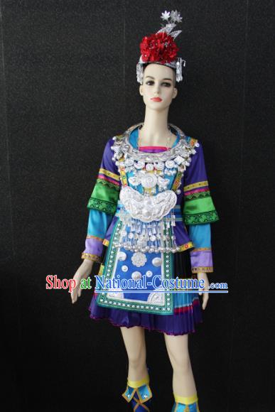 Chinese Traditional Dong Nationality Purple Dress Ethnic Folk Dance Costume for Women