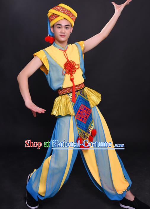 Chinese Traditional Ethnic Yellow Costume Yao Nationality Festival Folk Dance Clothing for Men