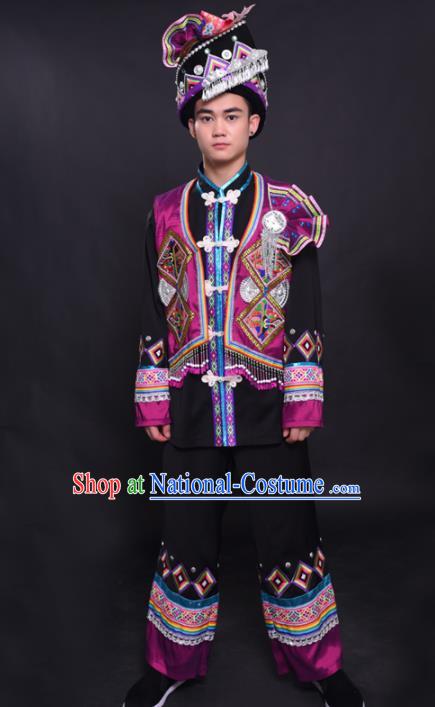 Chinese Traditional Ethnic Purple Costume Yao Nationality Festival Folk Dance Clothing for Men