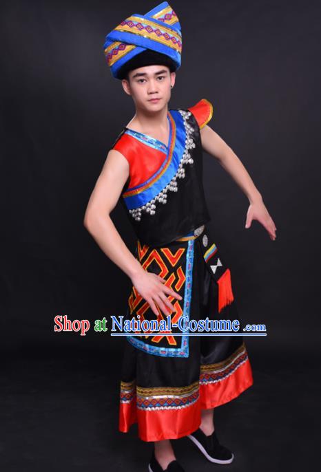 Chinese Traditional Ethnic Black Costume Zhuang Nationality Festival Folk Dance Clothing for Men