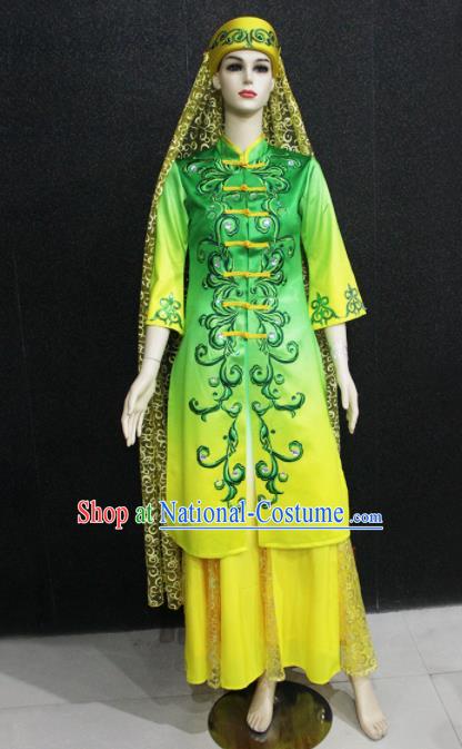 Chinese Traditional Hui Nationality Green Dress Ethnic Folk Dance Costume for Women