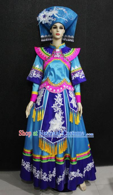 Chinese Traditional Zhuang Nationality Wedding Blue Dress Ethnic Folk Dance Costume for Women