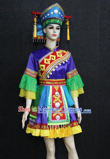 Chinese Traditional Mulao Nationality Purple Dress Ethnic Folk Dance Costume for Women